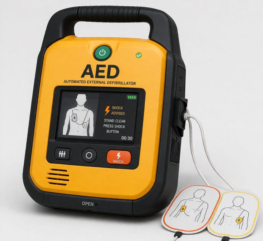 Automated external defibrillator (AED) used for emergency cardiac response