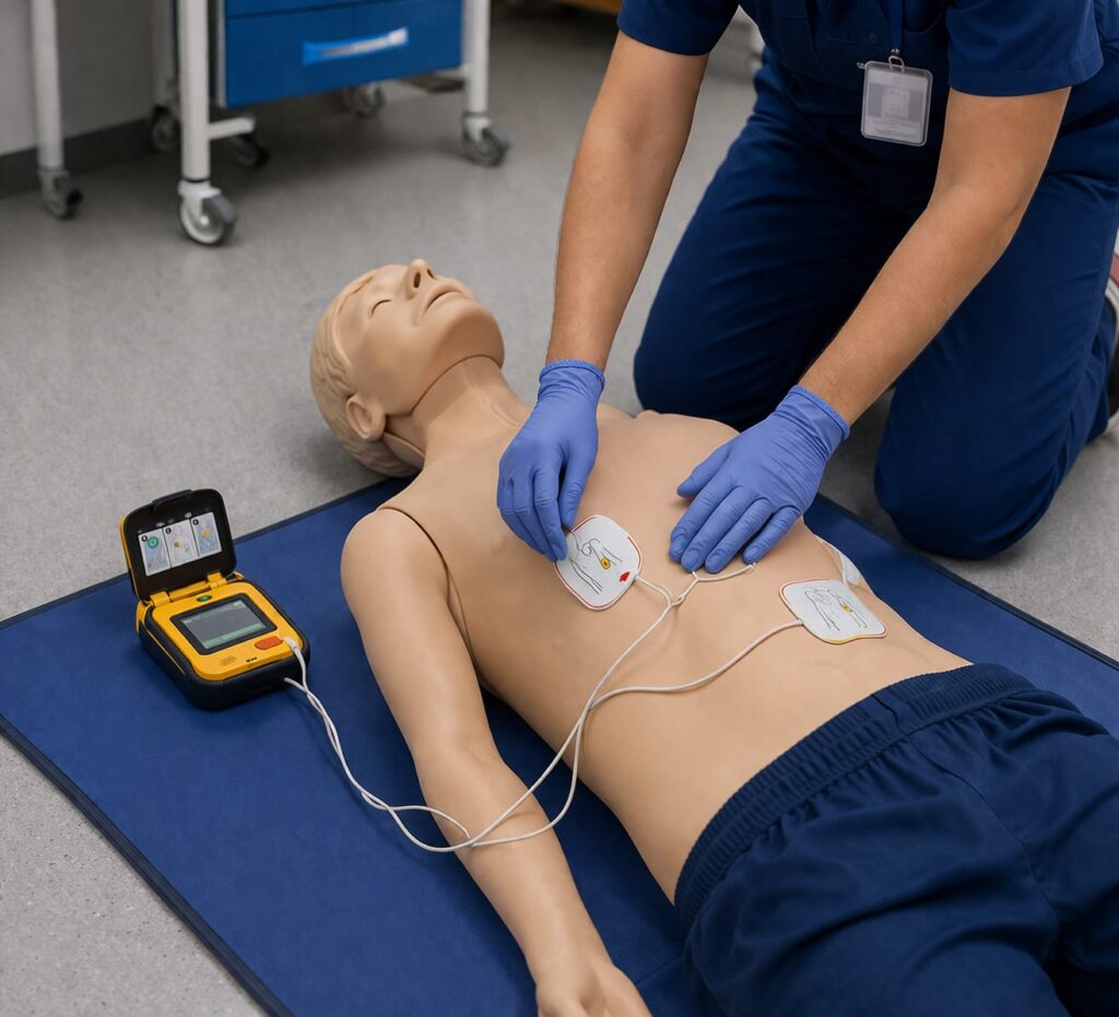 healthcare professional placing AED pads on training mannequin during defibrillator training session