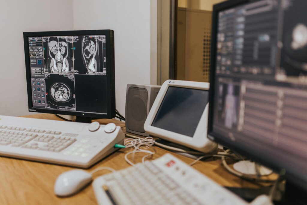 CT scan imaging workstation used for trauma diagnosis and radiology interpretation in emergency care.